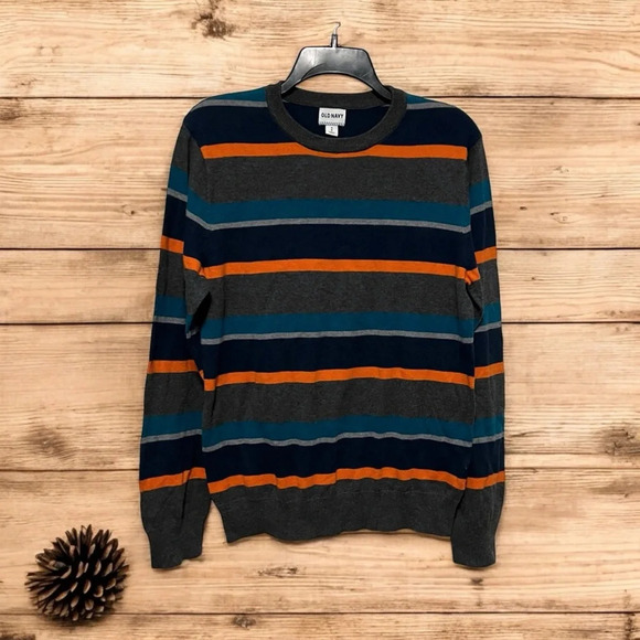 Men’s Striped Sweater Medium Old Navy Orange Gray Blue Fall Winter Long Sleeve - Picture 1 of 5